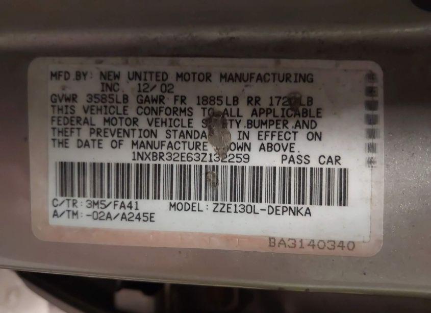 Photo 9 of 2003 Toyota Corolla LE (VIN 1NXBR32E63Z132259)