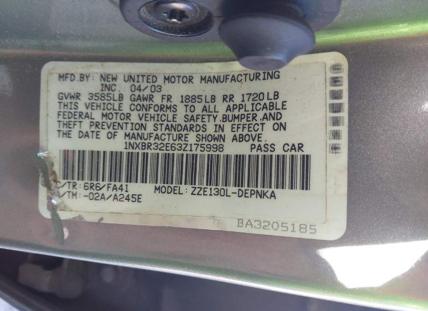 Photo 9 of 2003 Toyota Corolla LE (VIN 1NXBR32E63Z175998)