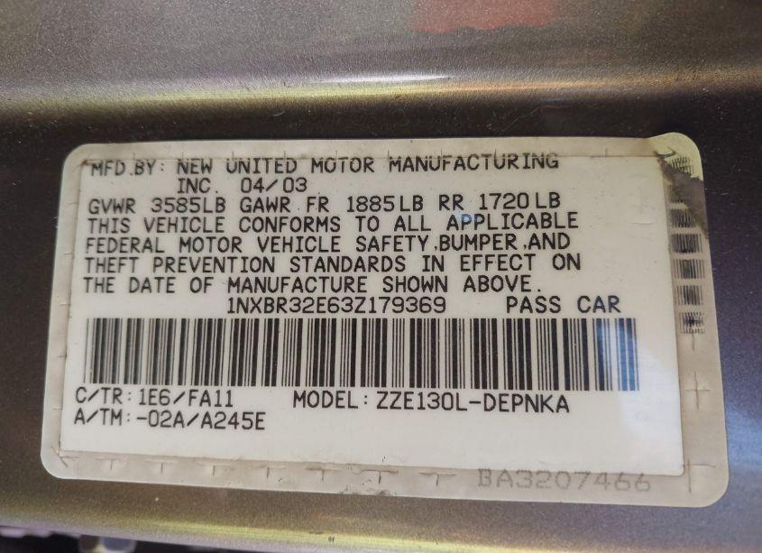 Photo 9 of 2003 Toyota Corolla LE (VIN 1NXBR32E63Z179369)