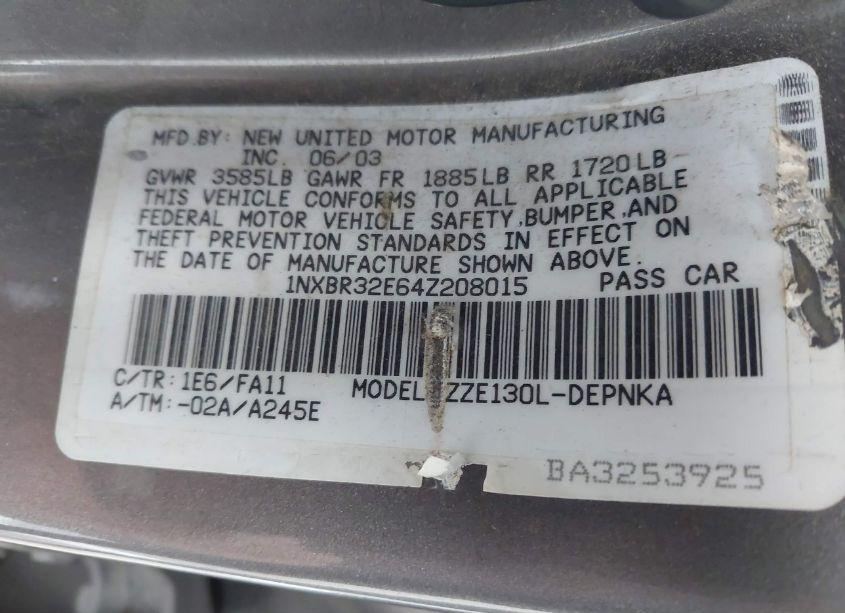 Photo 9 of 2004 Toyota Corolla LE (VIN 1NXBR32E64Z208015)