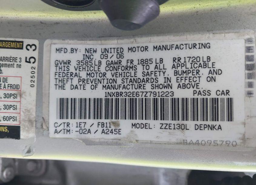 Photo 9 of 2007 Toyota Corolla LE (VIN 1NXBR32E67Z791223)