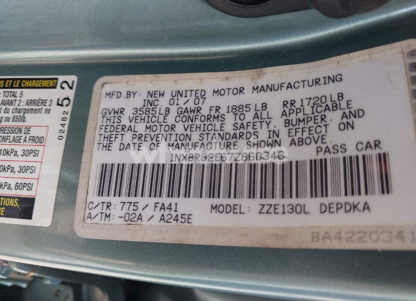 Photo 9 of 2007 Toyota Corolla CE (VIN 1NXBR32E67Z860346)