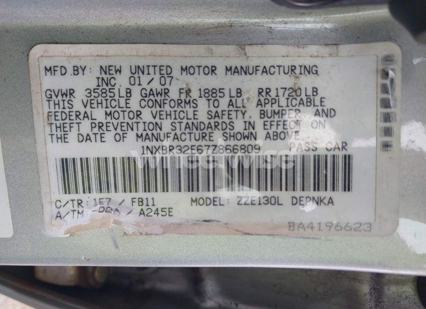 Photo 9 of 2007 Toyota Corolla LE (VIN 1NXBR32E67Z866809)