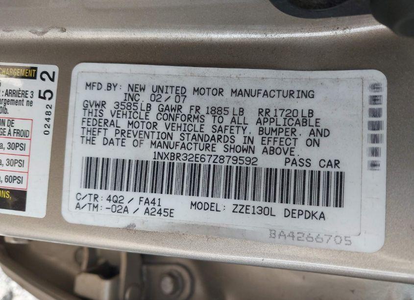 Photo 9 of 2007 Toyota Corolla CE/LE/S (VIN 1NXBR32E67Z879592)