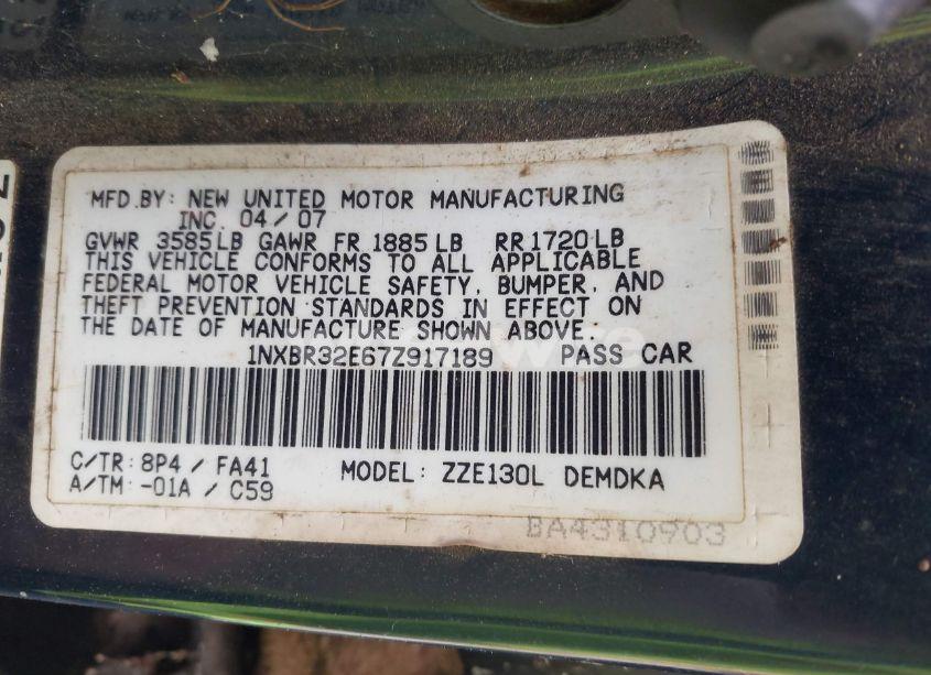 Photo 9 of 2007 Toyota Corolla CE (VIN 1NXBR32E67Z917189)