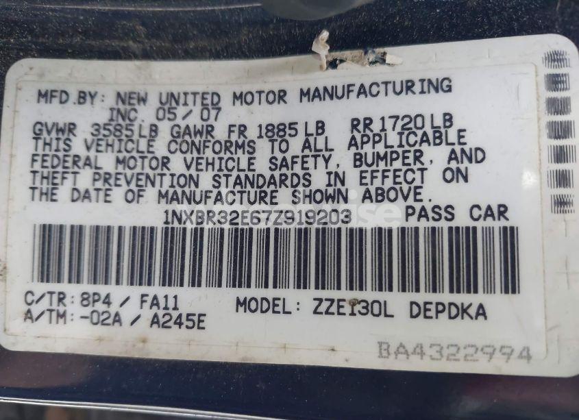 Photo 9 of 2007 Toyota Corolla CE (VIN 1NXBR32E67Z919203)