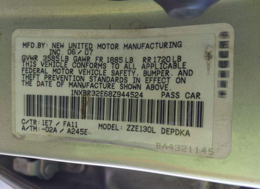 Photo 9 of 2008 Toyota Corolla CE (VIN 1NXBR32E68Z944524)