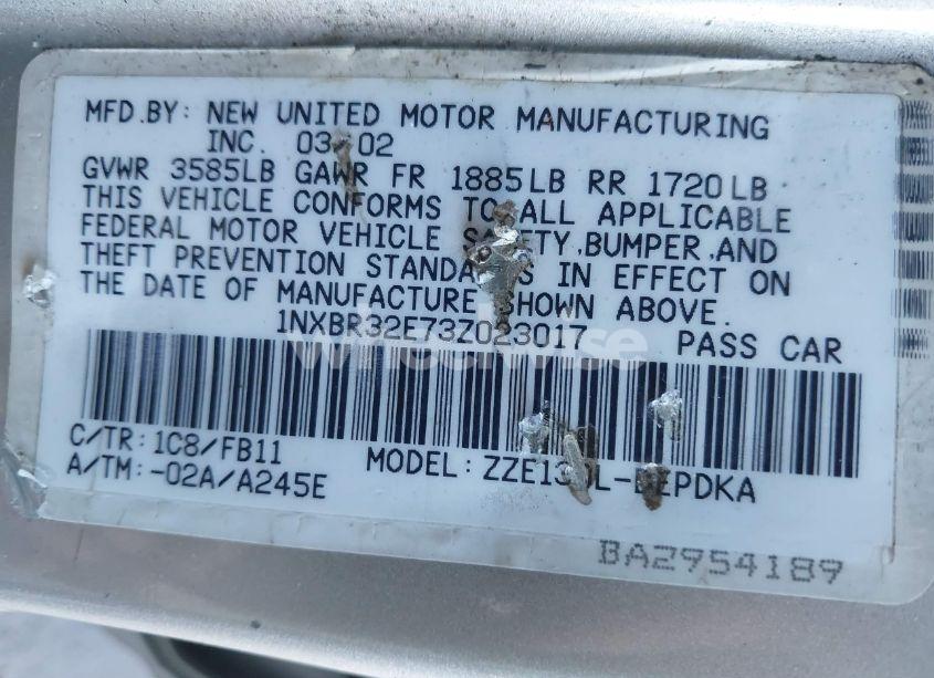 Photo 9 of 2003 Toyota Corolla CE (VIN 1NXBR32E73Z023017)