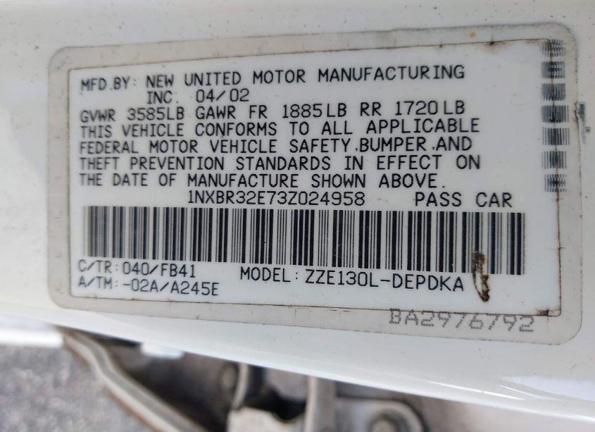 Photo 9 of 2003 Toyota Corolla CE (VIN 1NXBR32E73Z024958)