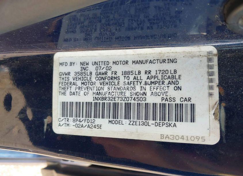 Photo 9 of 2003 Toyota Corolla S (VIN 1NXBR32E73Z074503)