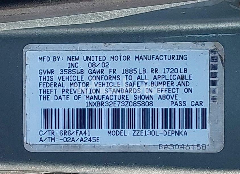 Photo 9 of 2003 Toyota Corolla LE (VIN 1NXBR32E73Z085808)