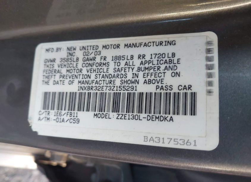 Photo 9 of 2003 Toyota Corolla CE (VIN 1NXBR32E73Z155291)