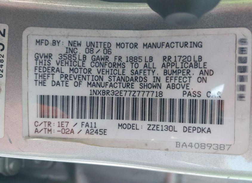 Photo 9 of 2007 Toyota Corolla CE (VIN 1NXBR32E77Z777718)