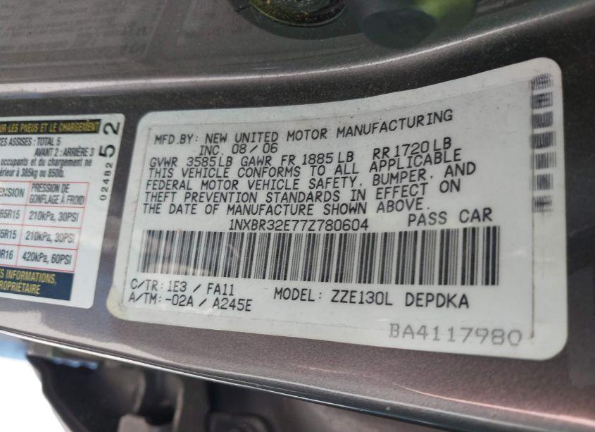 Photo 9 of 2007 Toyota Corolla CE (VIN 1NXBR32E77Z780604)