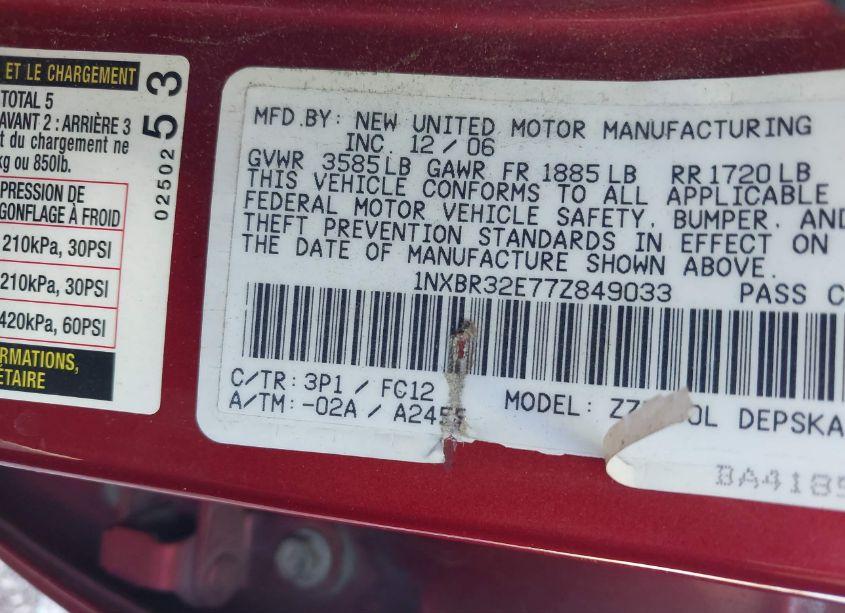 Photo 9 of 2007 Toyota Corolla S (VIN 1NXBR32E77Z849033)