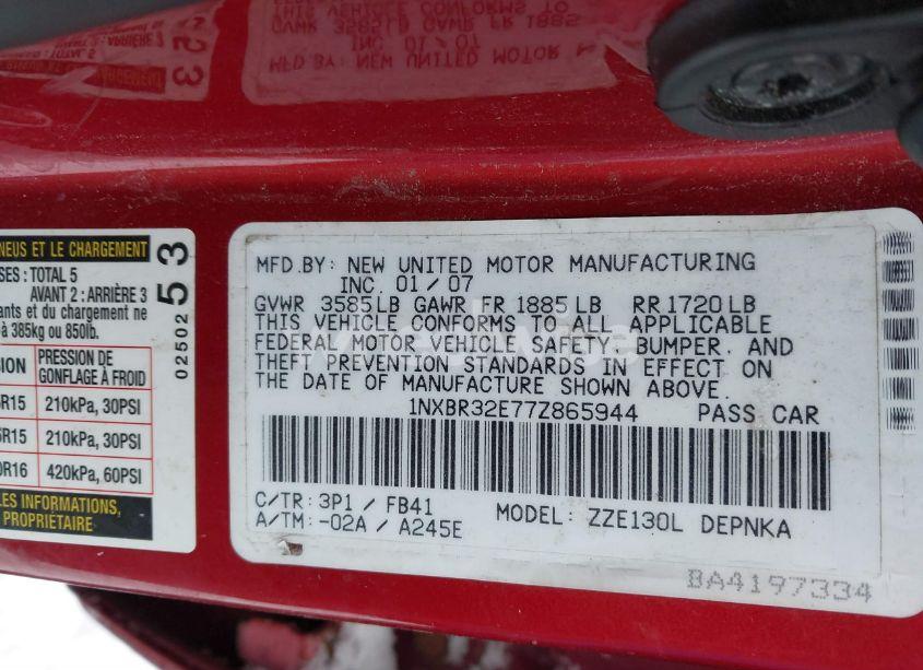 Photo 9 of 2007 Toyota Corolla LE (VIN 1NXBR32E77Z865944)