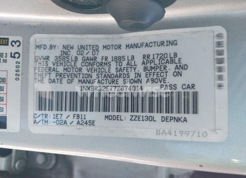 Photo 9 of 2007 Toyota Corolla LE (VIN 1NXBR32E77Z874014)