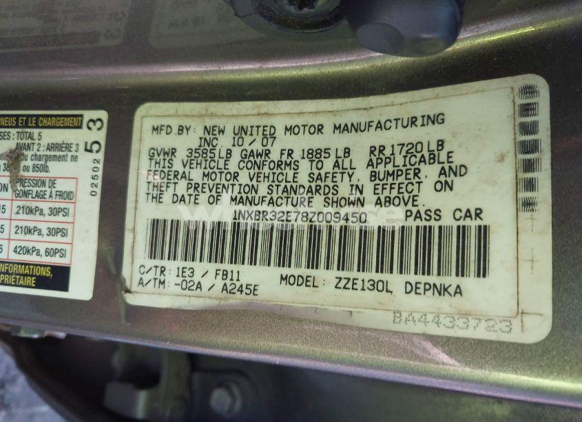 Photo 9 of 2008 Toyota Corolla LE (VIN 1NXBR32E78Z009450)