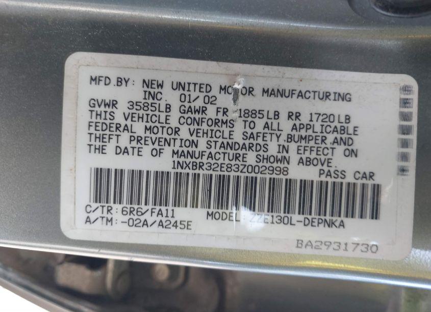 Photo 9 of 2003 Toyota Corolla LE (VIN 1NXBR32E83Z002998)