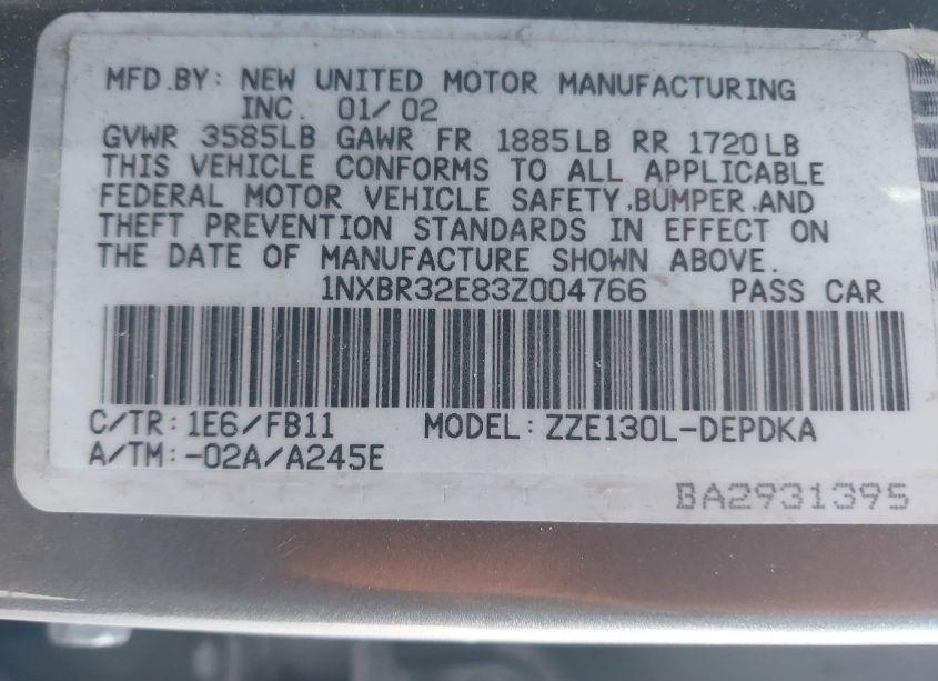 Photo 9 of 2003 Toyota Corolla CE (VIN 1NXBR32E83Z004766)