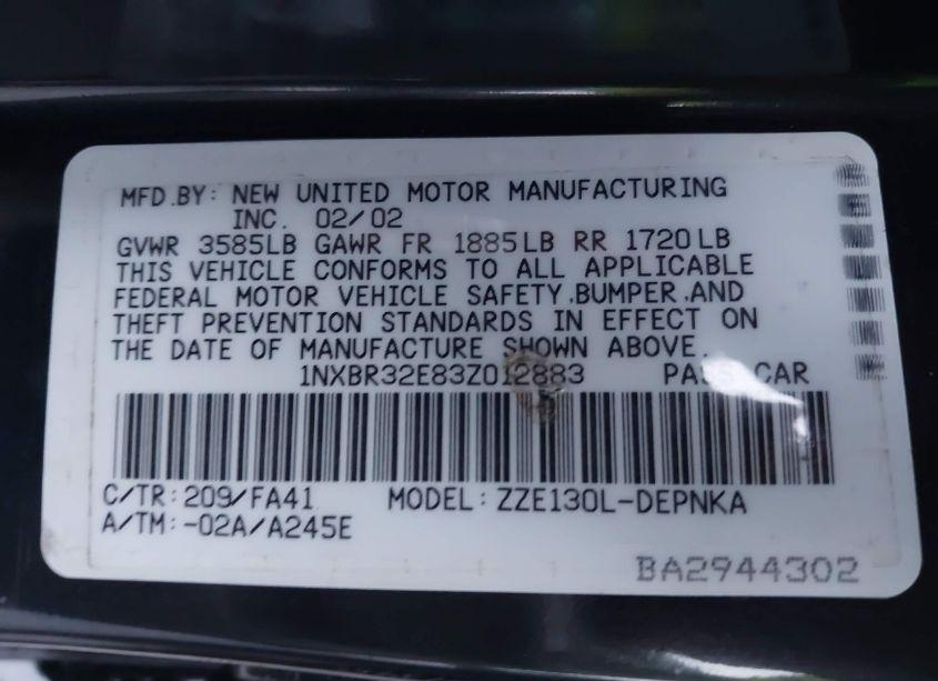 Photo 9 of 2003 Toyota Corolla LE (VIN 1NXBR32E83Z012883)