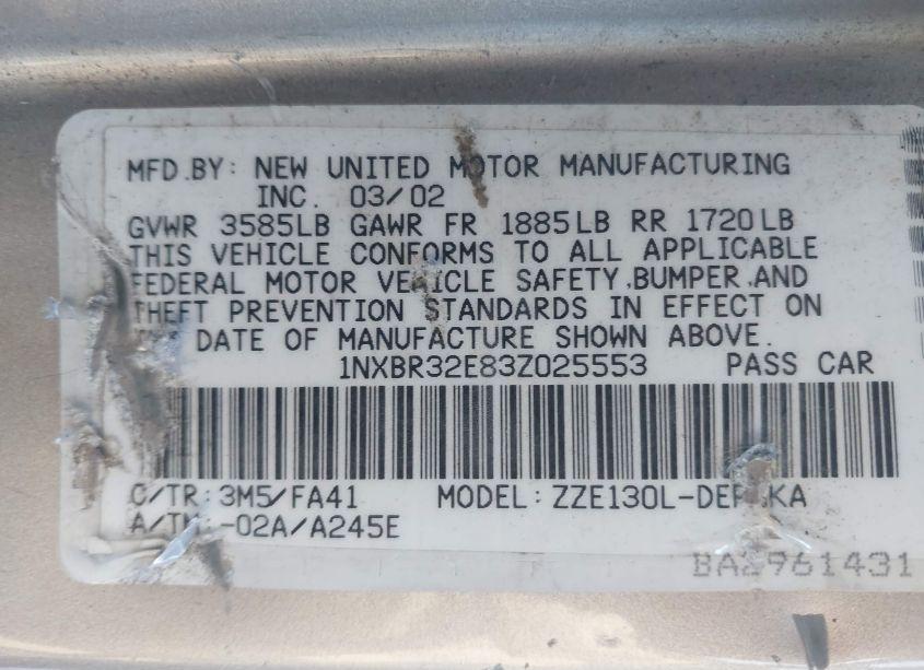 Photo 9 of 2003 Toyota Corolla LE (VIN 1NXBR32E83Z025553)