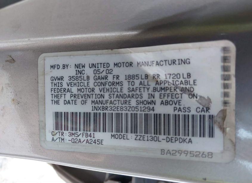 Photo 9 of 2003 Toyota Corolla CE (VIN 1NXBR32E83Z051294)