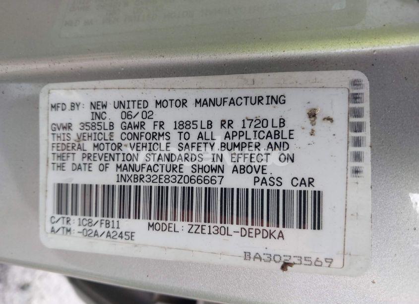 Photo 9 of 2003 Toyota Corolla CE (VIN 1NXBR32E83Z066667)