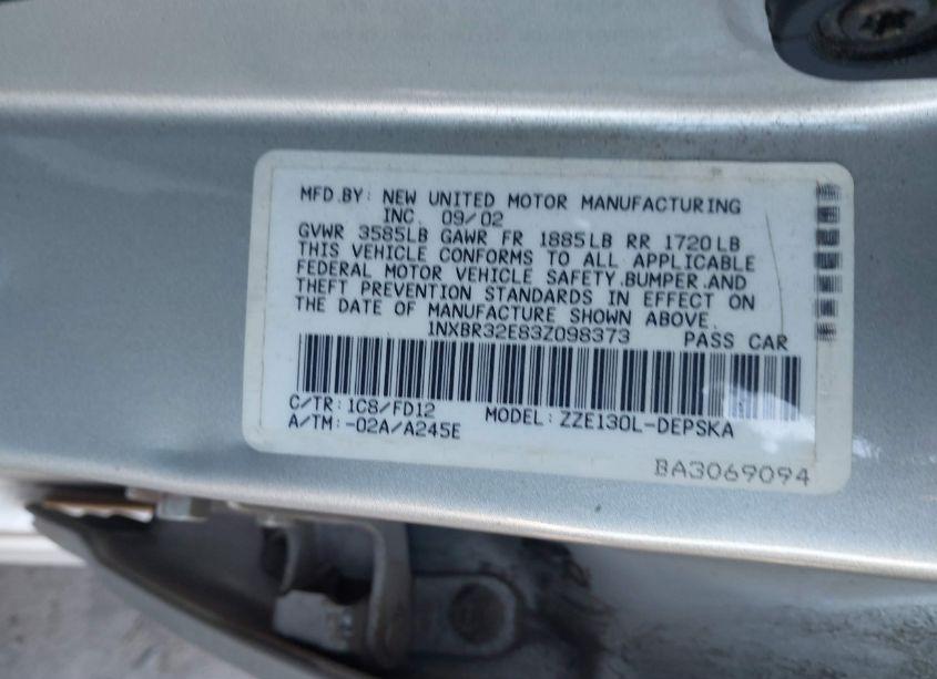 Photo 9 of 2003 Toyota Corolla S (VIN 1NXBR32E83Z098373)