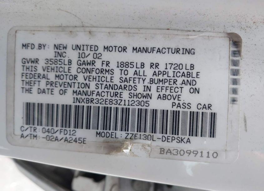 Photo 9 of 2003 Toyota Corolla S (VIN 1NXBR32E83Z112305)