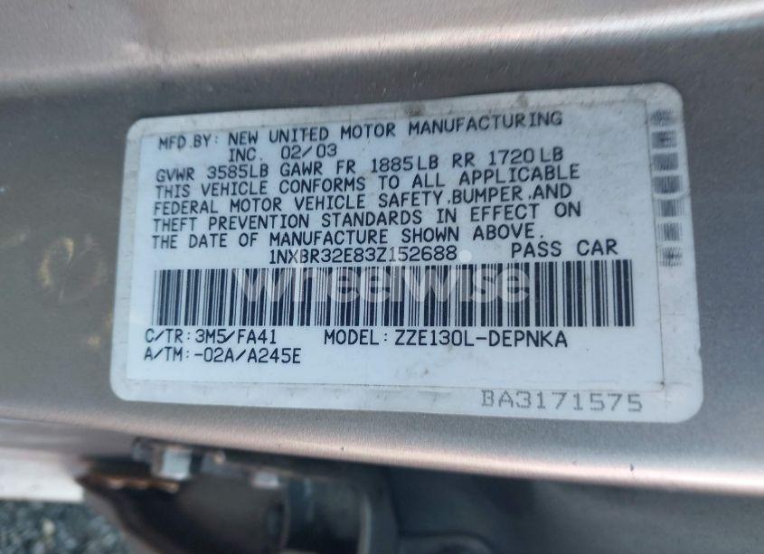 Photo 9 of 2003 Toyota Corolla LE (VIN 1NXBR32E83Z152688)