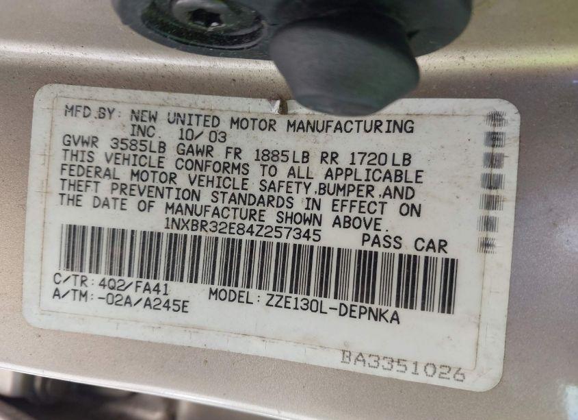 Photo 9 of 2004 Toyota Corolla LE (VIN 1NXBR32E84Z257345)