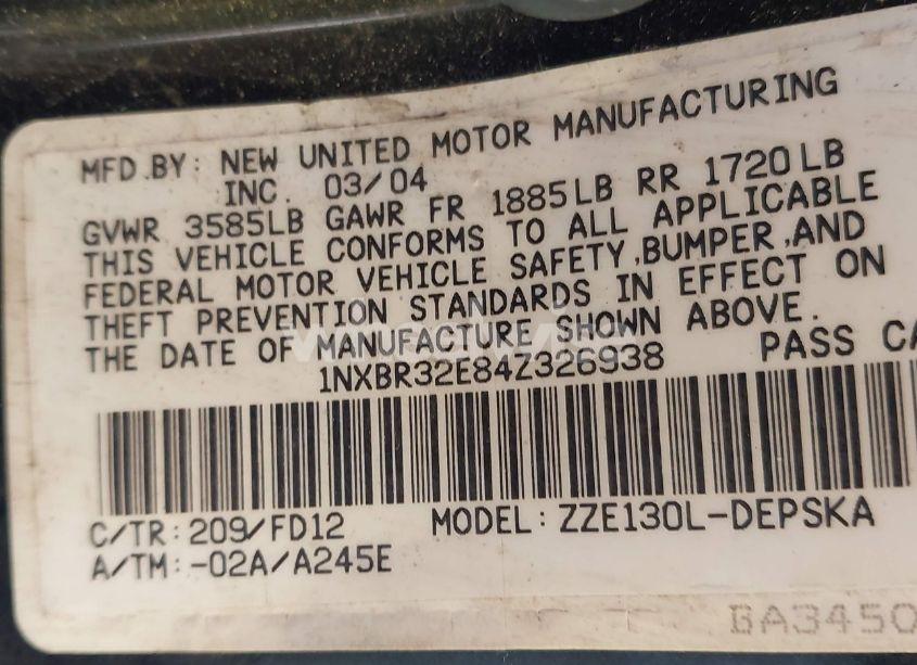 Photo 9 of 2004 Toyota Corolla S (VIN 1NXBR32E84Z326938)