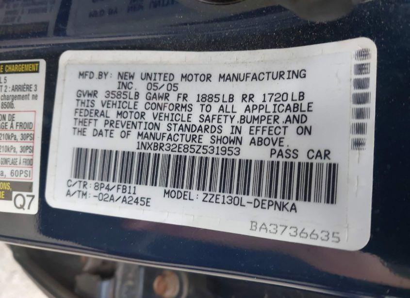 Photo 9 of 2005 Toyota Corolla LE (VIN 1NXBR32E85Z531953)