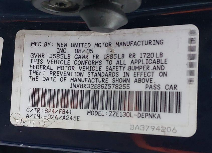 Photo 9 of 2006 Toyota Corolla LE (VIN 1NXBR32E86Z578255)