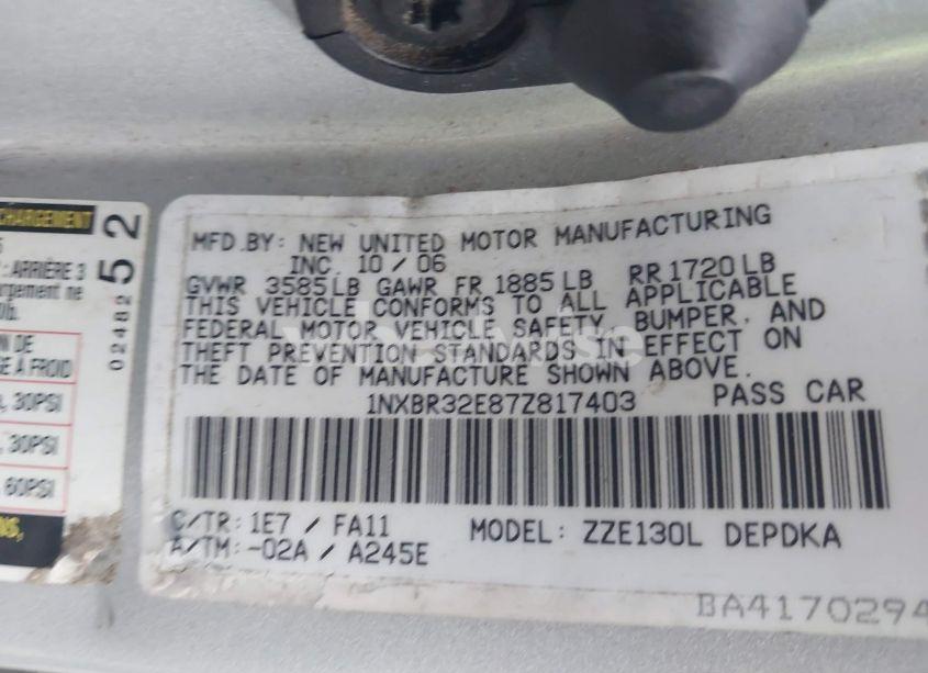 Photo 9 of 2007 Toyota Corolla CE (VIN 1NXBR32E87Z817403)