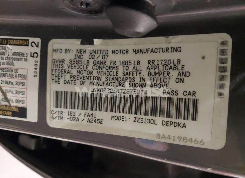 Photo 9 of 2007 Toyota Corolla CE (VIN 1NXBR32E87Z875074)