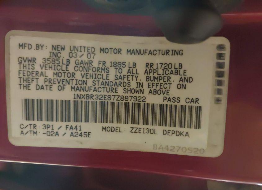 Photo 9 of 2007 Toyota Corolla CE (VIN 1NXBR32E87Z887922)