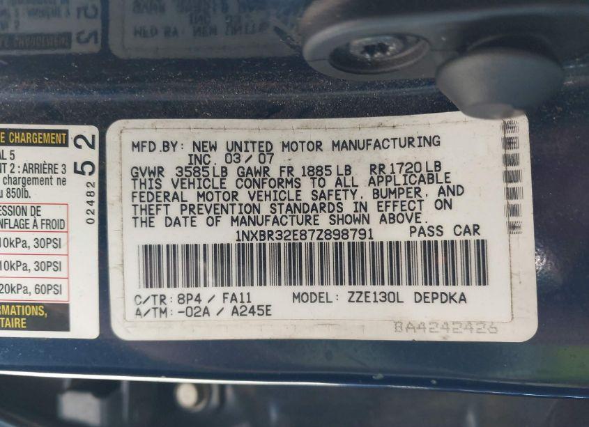 Photo 9 of 2007 Toyota Corolla CE (VIN 1NXBR32E87Z898791)