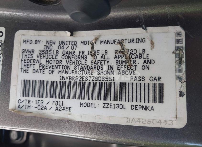 Photo 9 of 2007 Toyota Corolla LE (VIN 1NXBR32E87Z906551)