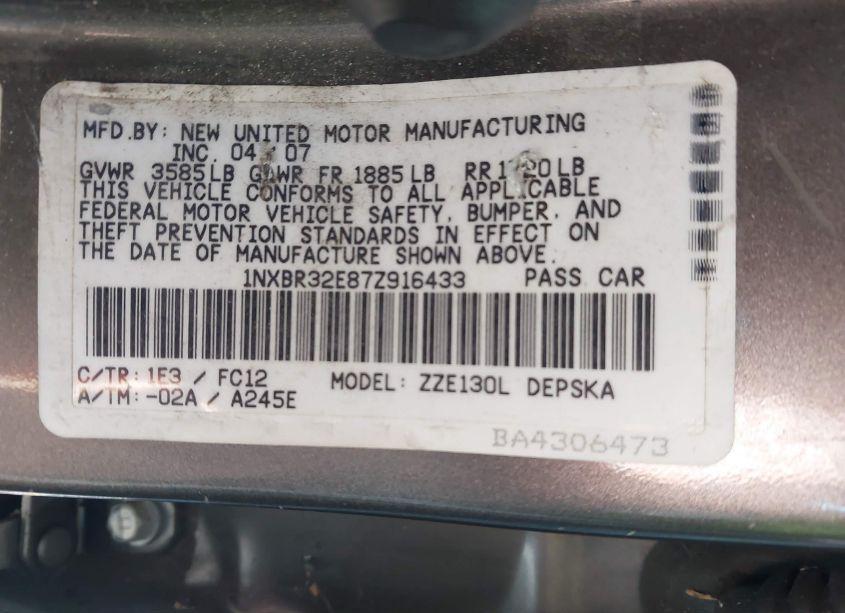 Photo 9 of 2007 Toyota Corolla S (VIN 1NXBR32E87Z916433)