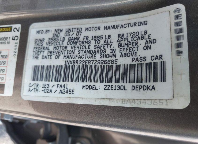 Photo 9 of 2007 Toyota Corolla CE (VIN 1NXBR32E87Z926685)