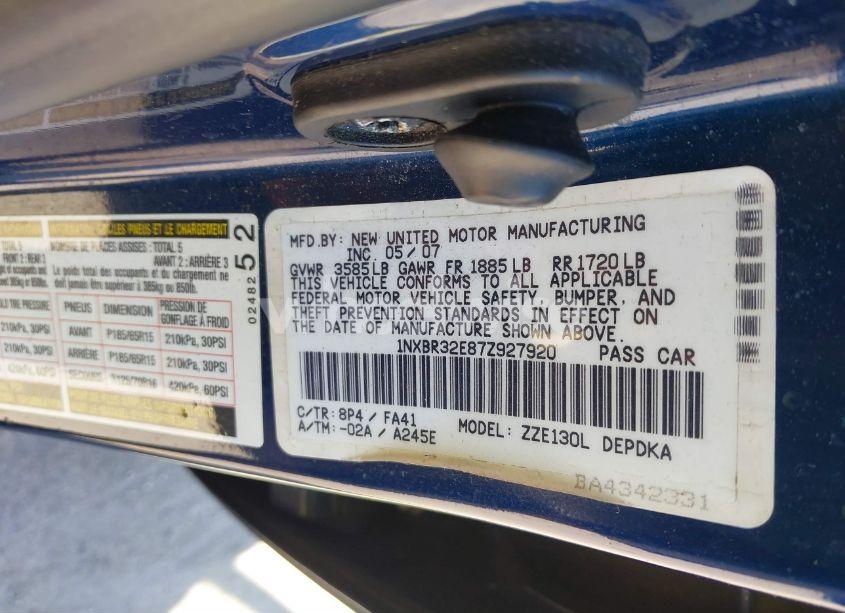 Photo 9 of 2007 Toyota Corolla CE (VIN 1NXBR32E87Z927920)