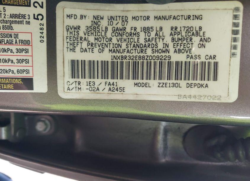 Photo 9 of 2008 Toyota Corolla CE (VIN 1NXBR32E88Z009229)