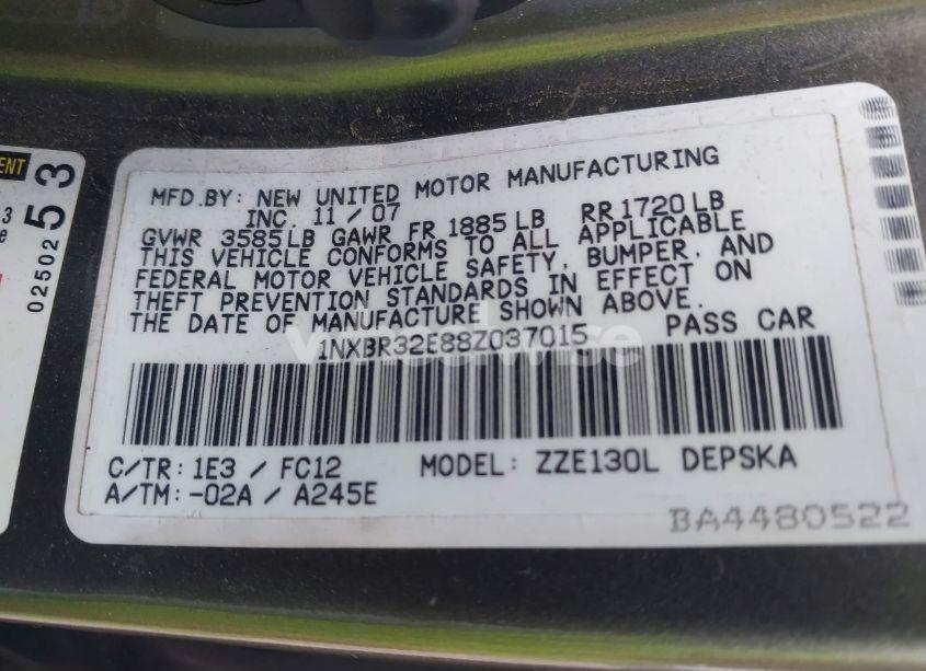 Photo 9 of 2008 Toyota Corolla CE/LE/S (VIN 1NXBR32E88Z037015)