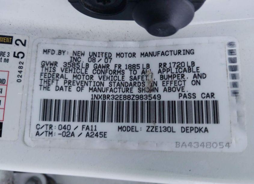 Photo 9 of 2008 Toyota Corolla CE (VIN 1NXBR32E88Z983549)