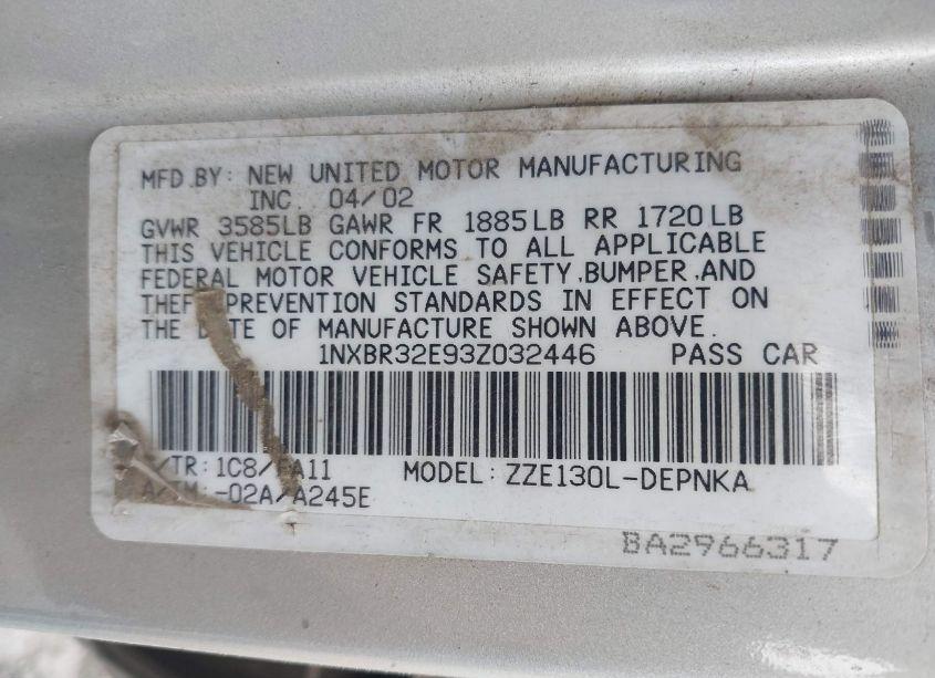 Photo 9 of 2003 Toyota Corolla LE (VIN 1NXBR32E93Z032446)