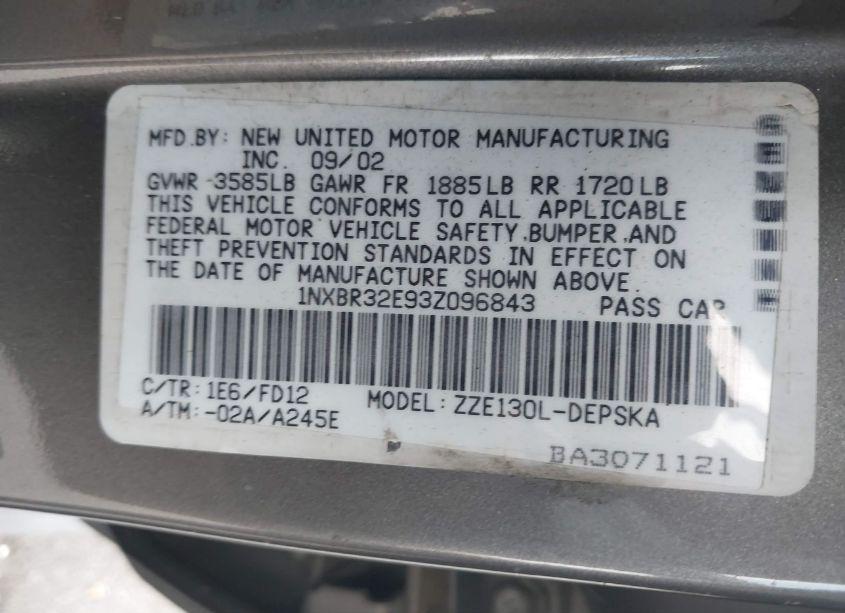 Photo 9 of 2003 Toyota Corolla S (VIN 1NXBR32E93Z096843)