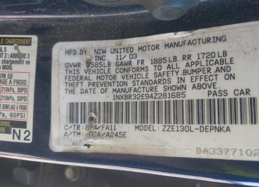 Photo 9 of 2004 Toyota Corolla LE (VIN 1NXBR32E94Z281685)