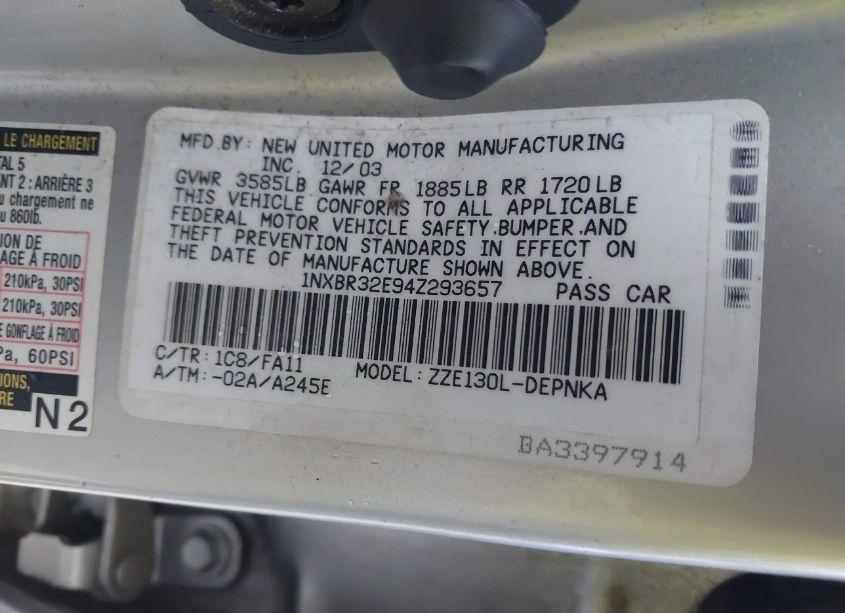Photo 9 of 2004 Toyota Corolla LE (VIN 1NXBR32E94Z293657)